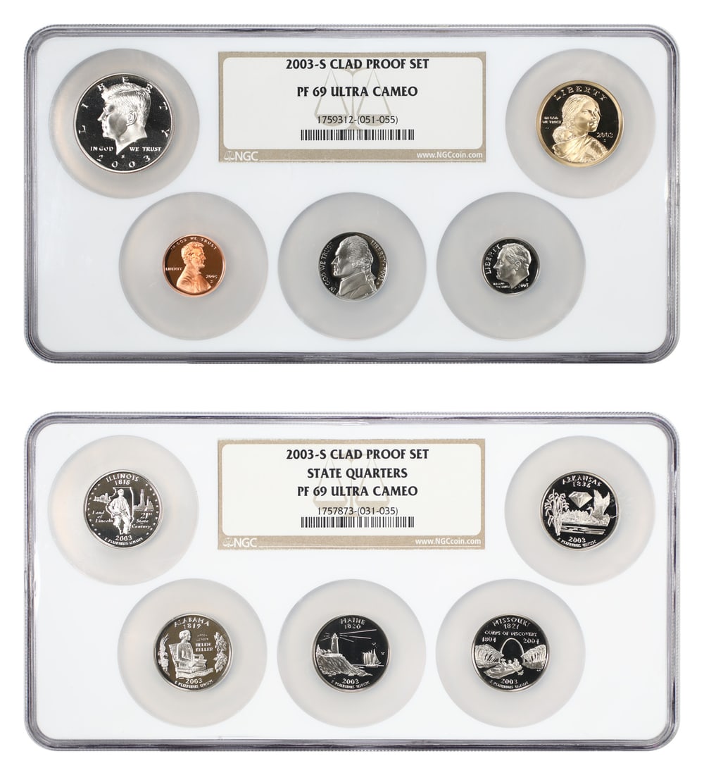 2003-S 1C-$1 Proof Set NGC PR69DCAM (Clad, Multi-Coin Holders, 10 Coins): 2003-S 1C-$1 Proof Set NGC PR69DCAM (Clad, Multi-Coin Holders, 10 Coins) 2003-S 1C-$1 Proof Set in NGC PR69DCAM Condition, Featuring 10 Clad Coins in Multi-Coin Holders. This uncirculated proof set sh