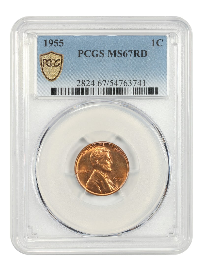 1955 1C PCGS MS67RD - Lincoln Cent (Wheat Reverse): 1955 1C PCGS MS67RD - Lincoln Cent (Wheat Reverse) 1955 Lincoln Cent (Wheat Reverse) MS67RD - A highly graded example of a classic American coin, this 1955 Wheat Reverse Lincoln Cent boasts a stunning