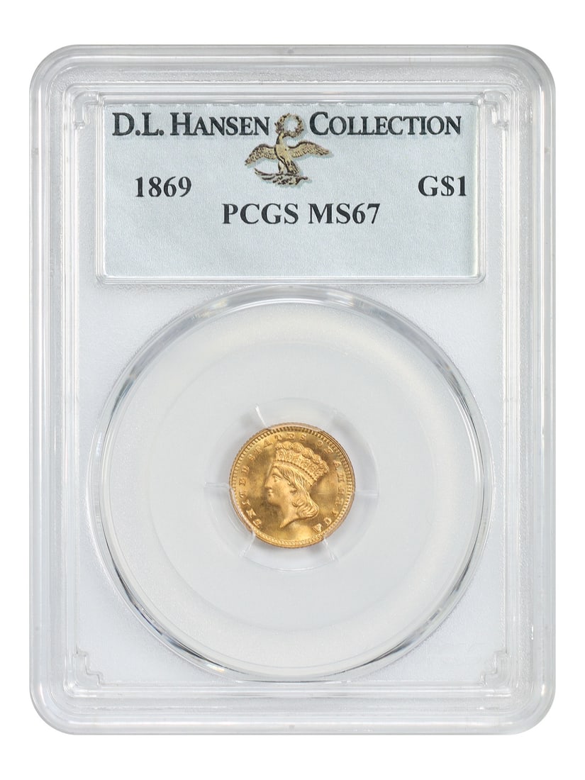 1869 G$1 PCGS MS67 ex: D.L. Hansen: 1869 G$1 PCGS MS67 ex: D.L. Hansen The 1869 G$1, graded MS67 by PCGS, showcases exceptional preservation and historical significance. Certified by the prestigious Professional Coin Grading Service, th