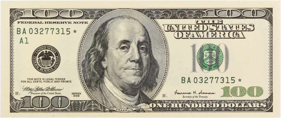 STAR NOTE FEDERAL RESERVE $100 1999 UNC OGP FR2176-A*: STAR NOTE FEDERAL RESERVE $100 1999 UNC OGP FR2176-A* Uncirculated Star Note from the 1999 Federal Reserve design, featuring the iconic $100 bill with a distinctive star pattern. This 1999 UNC OGP not