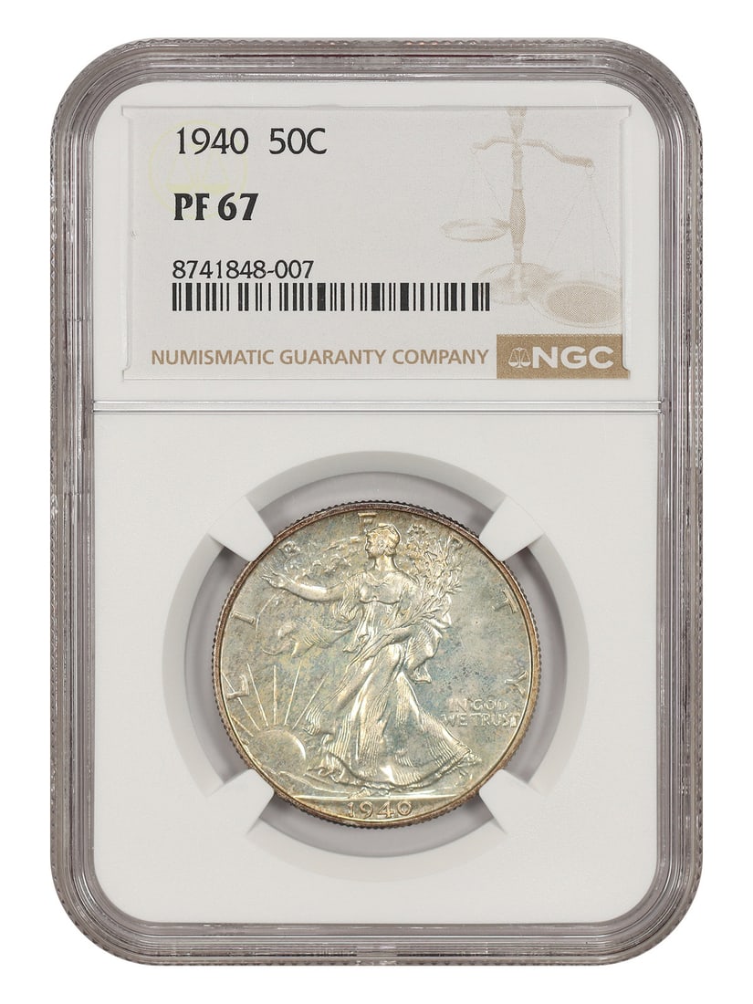 50C NGC PR67 Elevated Type Walking Liberty Half Dollar 1940: 50C NGC PR67 Elevated Type Walking Liberty Half Dollar 1940 The 1940 Philadelphia Mint Elevated Type Walking Liberty Half Dollar is a stunning example of American numismatic history, boasting a PR67 g