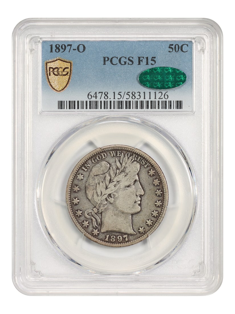 1897-O 50C PCGS/ CAC Fine 15 - Barber Half Dollar - Scarce Date: 1897-O 50C PCGS/ CAC Fine 15 - Barber Half Dollar - Scarce Date The 1897-O 50C PCGS/CAC Fine 15 is a scarce date Barber Half Dollar, certified by the prestigious PCGS and CAC. This circulated coin fea