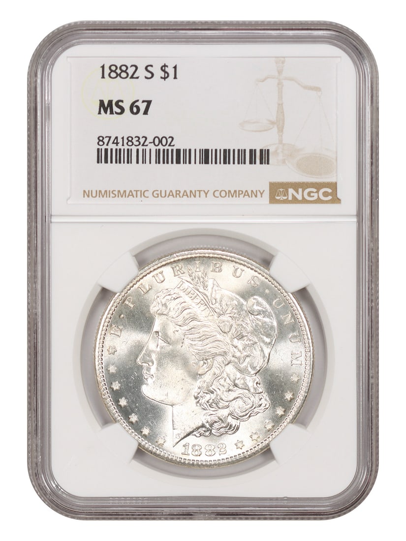 1882-S $1 NGC MS67 - Morgan Dollar - Popular Collector Date: 1882-S $1 NGC MS67 - Morgan Dollar - Popular Collector Date The 1882-S $1 Morgan Dollar is a highly sought-after collector's item, featuring the San Francisco mint mark and graded MS67 by the Numismat