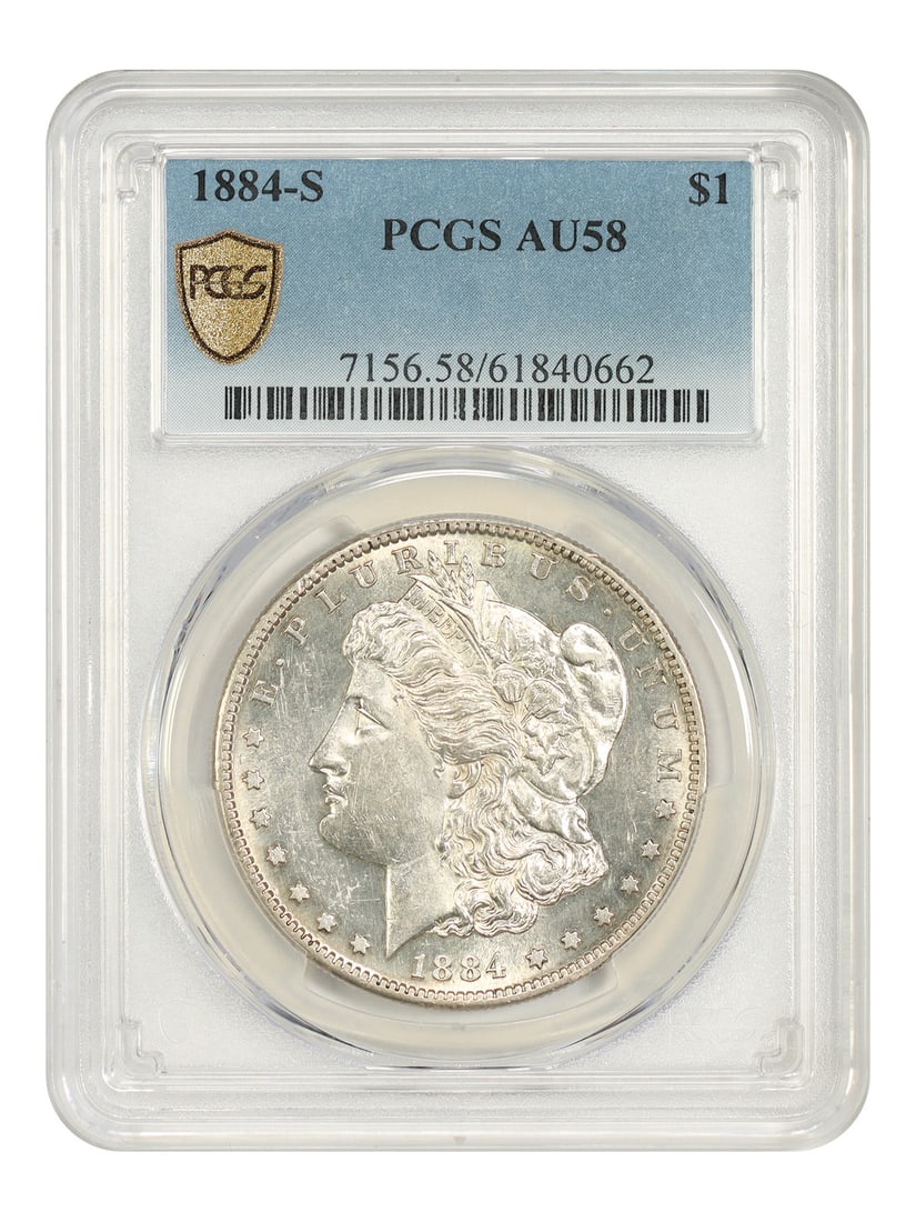 Morgan Dollar - 1884-S $1 PCGS AU58: Morgan Dollar - 1884-S $1 PCGS AU58 The 1884-S Morgan Dollar is a circulated example, graded AU58 by PCGS, showcasing its condition and authenticity. This San Francisco minted coin bears the signature