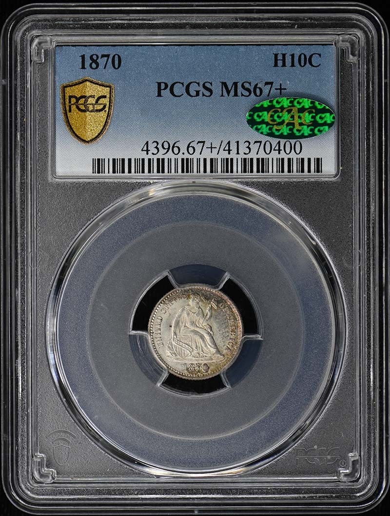 Liberty Seated Half Dime 1870 H10C PCGS MS67+ CAC: Liberty Seated Half Dime 1870 H10C PCGS MS67+ CAC The 1870 Liberty Seated Half Dime, graded MS67+ by PCGS, boasts exceptional condition, with a high level of detail preserved on its uncirculated surfa