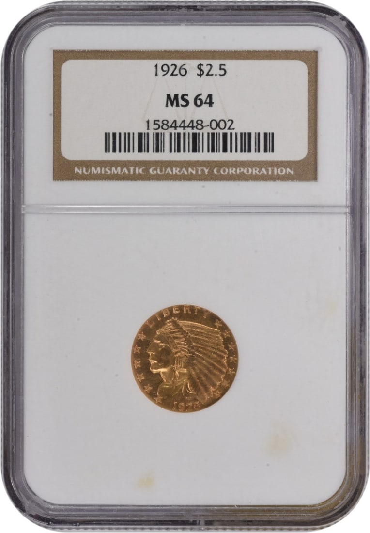 Gold Indian MS64 $2.50 1926: Gold Indian MS64 $2.50 1926 The 1926 $2.50 gold coin is a highly detailed and intricately designed piece, weighing in at 6.35 grams and measuring 21.21 mm in diameter. Certified by the NGC as MS64,