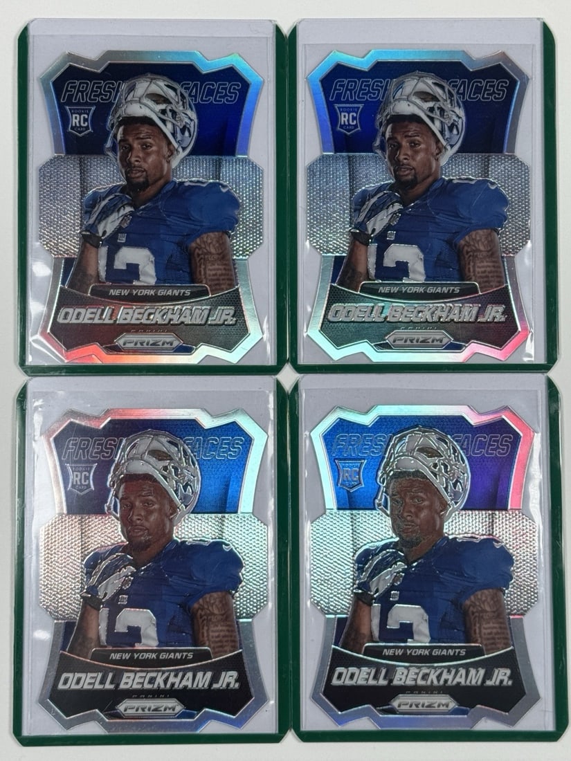 (76) 2014 PANINI PRIZM ODELL BECKHAM JR #FF11 FRESH FACES ROOKIE - 4 REFRACTORS: (76) 2014 PANINI PRIZM ODELL BECKHAM JR #FF11 FRESH FACES ROOKIE - 4 REFRACTORS Fresh Faces Rookie card of Odell Beckham Jr. in refractor form, a highly sought-after parallel from the 2014 Panini Priz