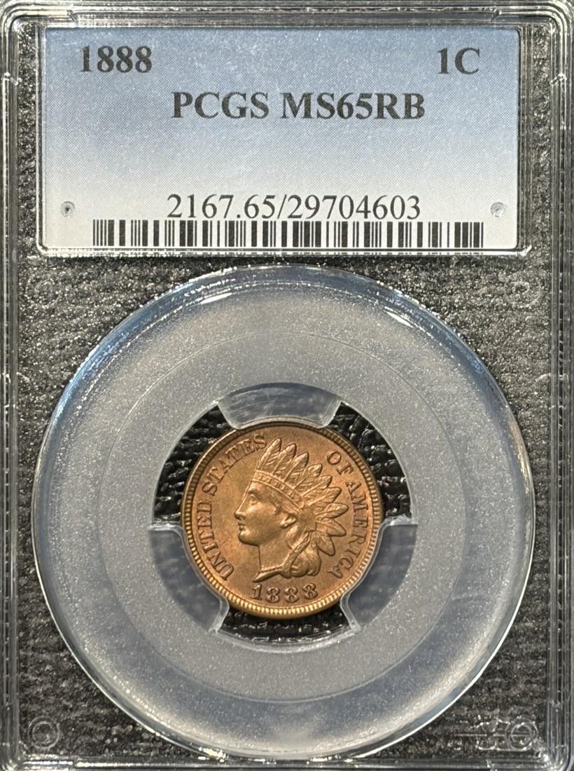 INDIAN CENT PCGS MS65 RB 1888: INDIAN CENT PCGS MS65 RB 1888 The 1888 Indian Cent, graded MS65 by PCGS, boasts exceptional condition, showcasing its uncirculated state. Certified by the prestigious Professional Coin Grading Service