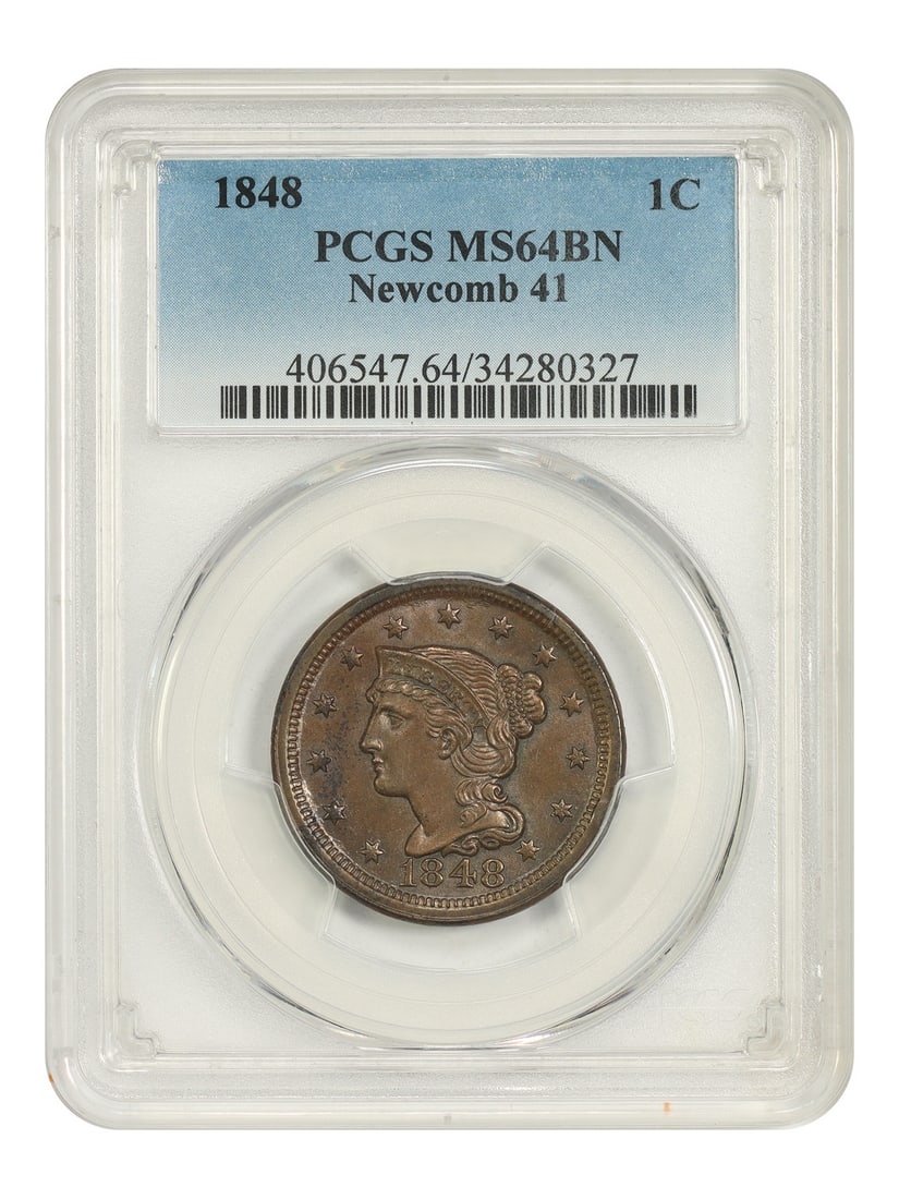1848 1C PCGS MS64BN (Newcomb 41) - Braided Hair Cent: 1848 1C PCGS MS64BN (Newcomb 41) - Braided Hair Cent 1848 Braided Hair Cent in MS64BN condition, certified by PCGS as Newcomb 41, showcases exceptional preservation with subtle nuances in its brown to