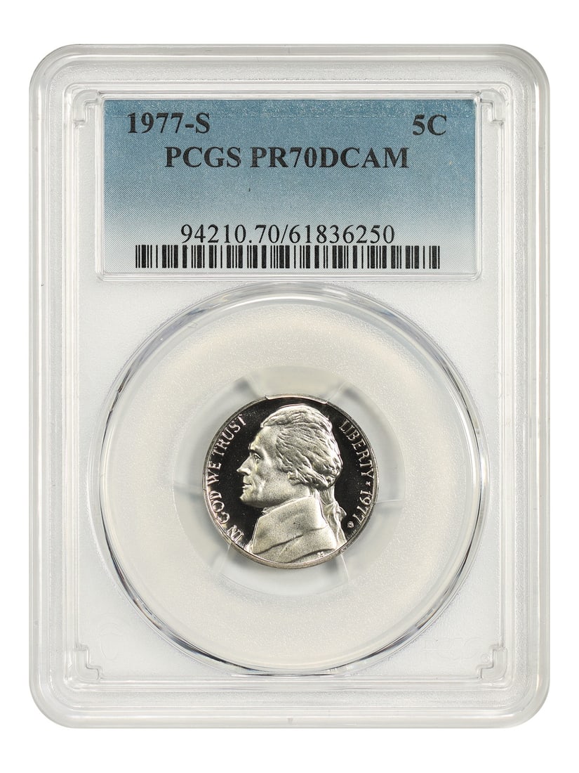 PCGS PR70DCAM 5C Jefferson Nickel 1977-S: PCGS PR70DCAM 5C Jefferson Nickel 1977-S The 1977-S Jefferson Nickel, graded PR70DCAM by PCGS, boasts a stunning San Francisco mint mark and a pristine uncirculated condition, showcasing its exception