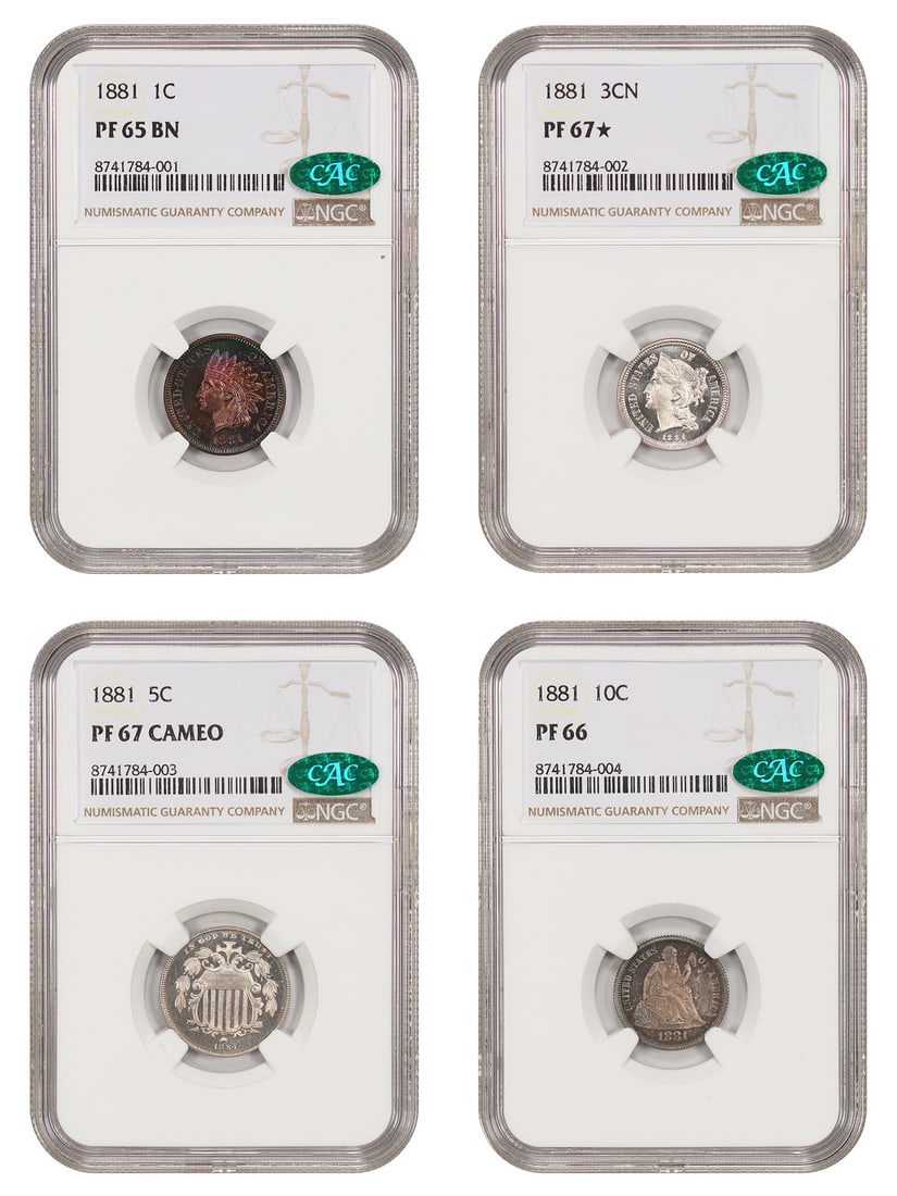 NGC/ CAC PR64-PR67CAM 1881 1C-$1 Proof 8 Coins: NGC/ CAC PR64-PR67CAM 1881 1C-$1 Proof 8 Coins NGC/ CAC PR64-PR67CAM 1881 1C-$1 Proof 8 Coins are highly detailed proof coins from the 1936 Philadelphia mint, certified by the Numismatic Guaranty