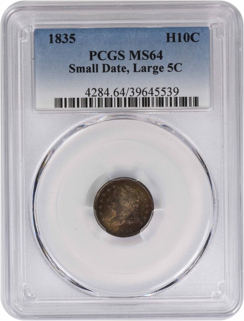 1835 Bust Silver Half Dime Small Date, Large 5C MS64 PCGS: 1835 Bust Silver Half Dime Small Date, Large 5C MS64 PCGS The 1835 Bust Silver Half Dime Small Date, Large 5C MS64 PCGS is a rare and highly detailed coin featuring a Capped Bust design by William Kne