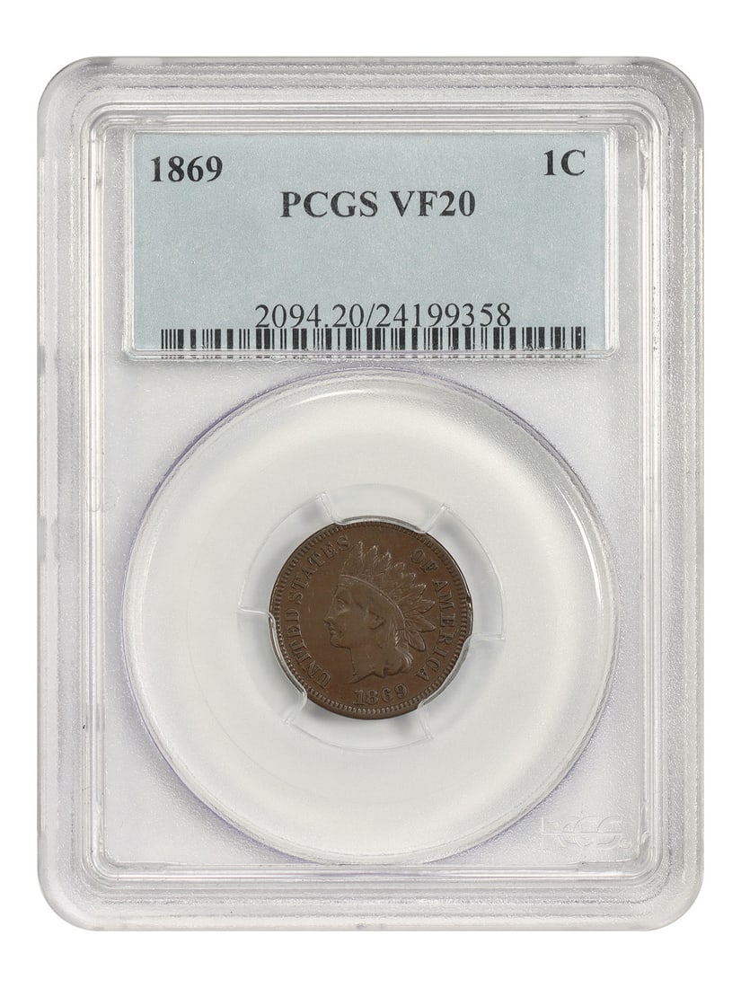 1869 1C PCGS VF20 - Indian Cent - Semi-Key Date: 1869 1C PCGS VF20 - Indian Cent - Semi-Key Date The 1869 Indian Cent is a semi-key date coin with a rich history. Certified by PCGS as a VF20, this circulated coin features a beautiful brown-nickel co
