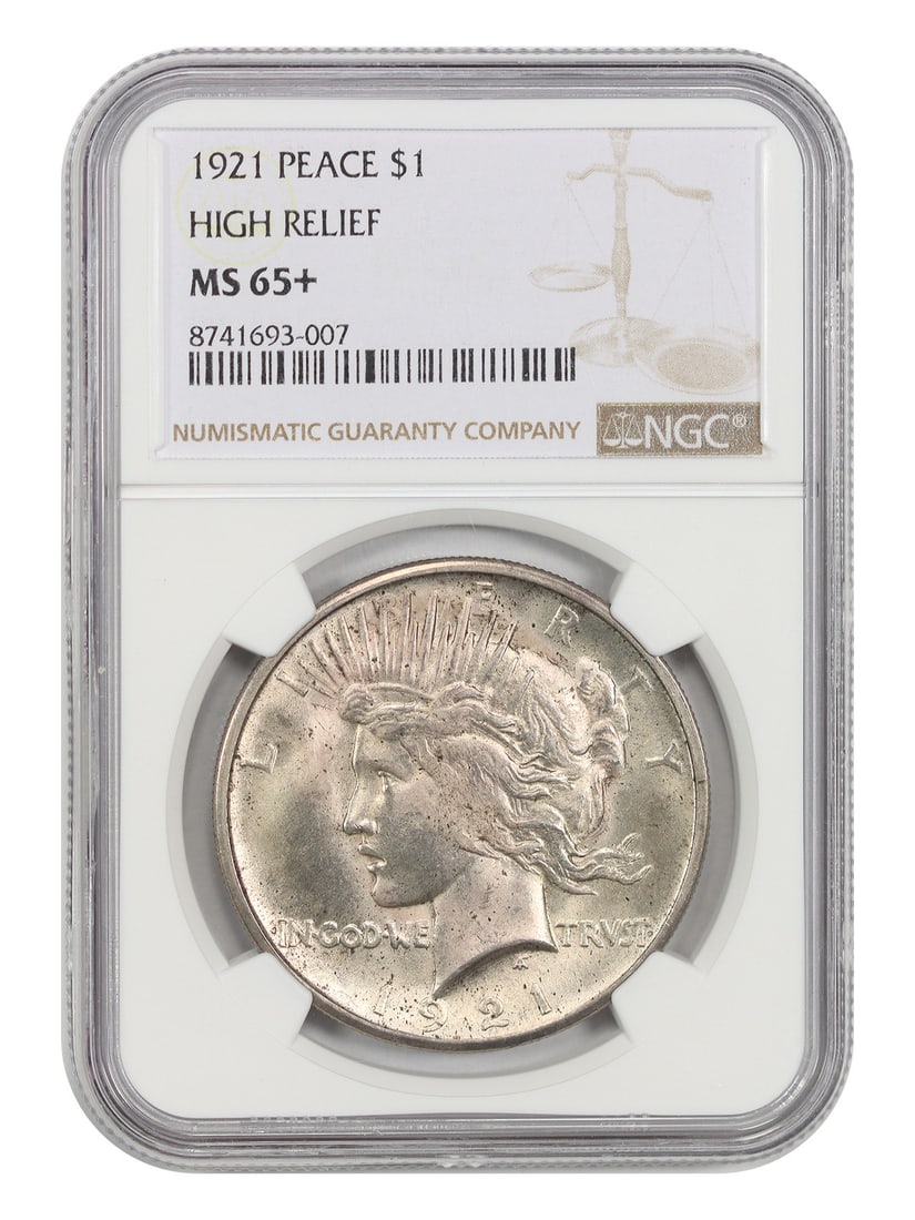 1921 $1 High Relief NGC MS65+ - Peace Dollar - Key First Year Issue: 1921 $1 High Relief NGC MS65+ - Peace Dollar - Key First Year Issue The 1921 $1 High Relief Peace Dollar is a highly sought-after coin, featuring a stunning design by Augustus Saint-Gaudens. Graded MS