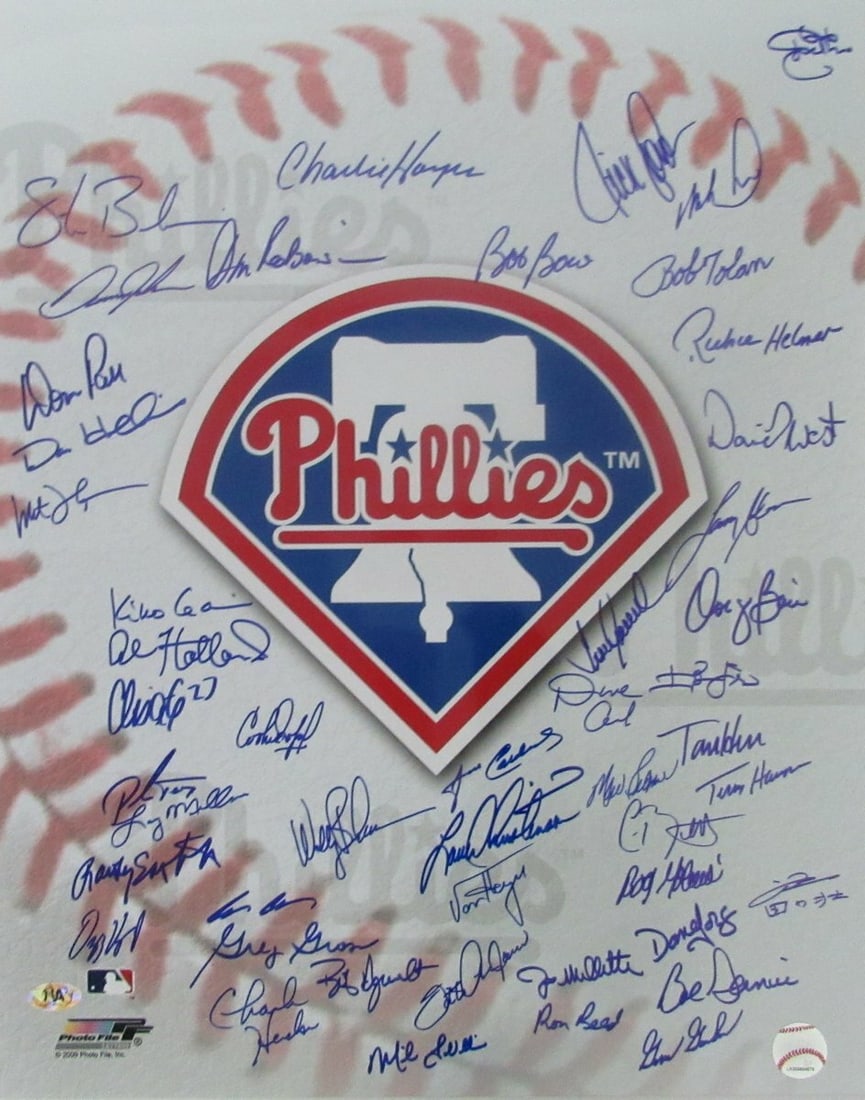 Multi signed photo 16x20 color MAB 140669 by Phillies Greats: Multi signed photo 16x20 color MAB 140669 by Phillies Greats Signed by Phillies Greats, this 16x20 color photo measures 140669 and showcases the team's rich history in baseball. The multi-signed photo