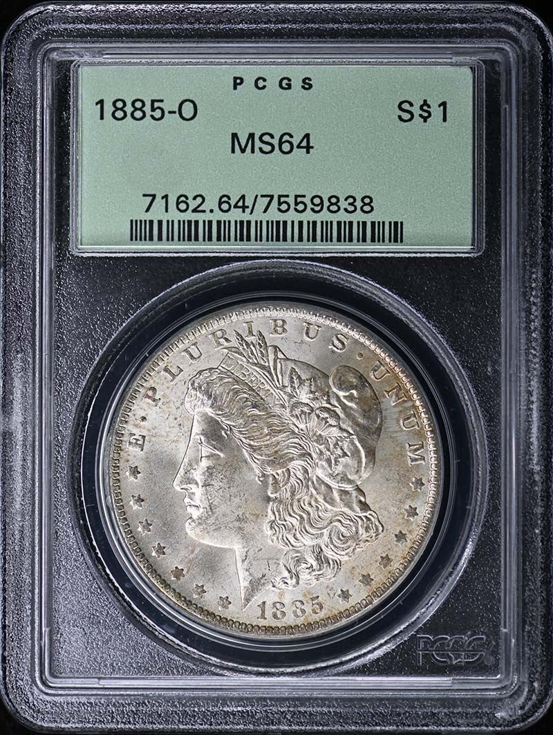 1885-O $1 Morgan Dollar PCGS MS64: 1885-O $1 Morgan Dollar PCGS MS64 The 1885-O $1 Morgan Dollar is a highly sought-after coin, graded MS64 by PCGS, indicating excellent condition. This uncirculated coin was minted in New Orleans, show
