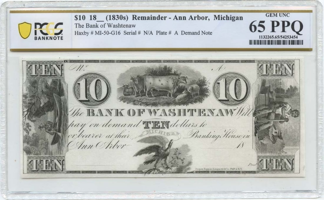 Note Bank Washtenaw PCGS 65 GEM Obsolete Michigan 10 Ann 1830s: Note Bank Washtenaw PCGS 65 GEM Obsolete Michigan 10 Ann 1830s The Note Bank Washtenaw PCGS 65 GEM Obsolete Michigan 10 Ann 1830s is a highly graded, uncirculated 10-cent demand note from the 1830s, c