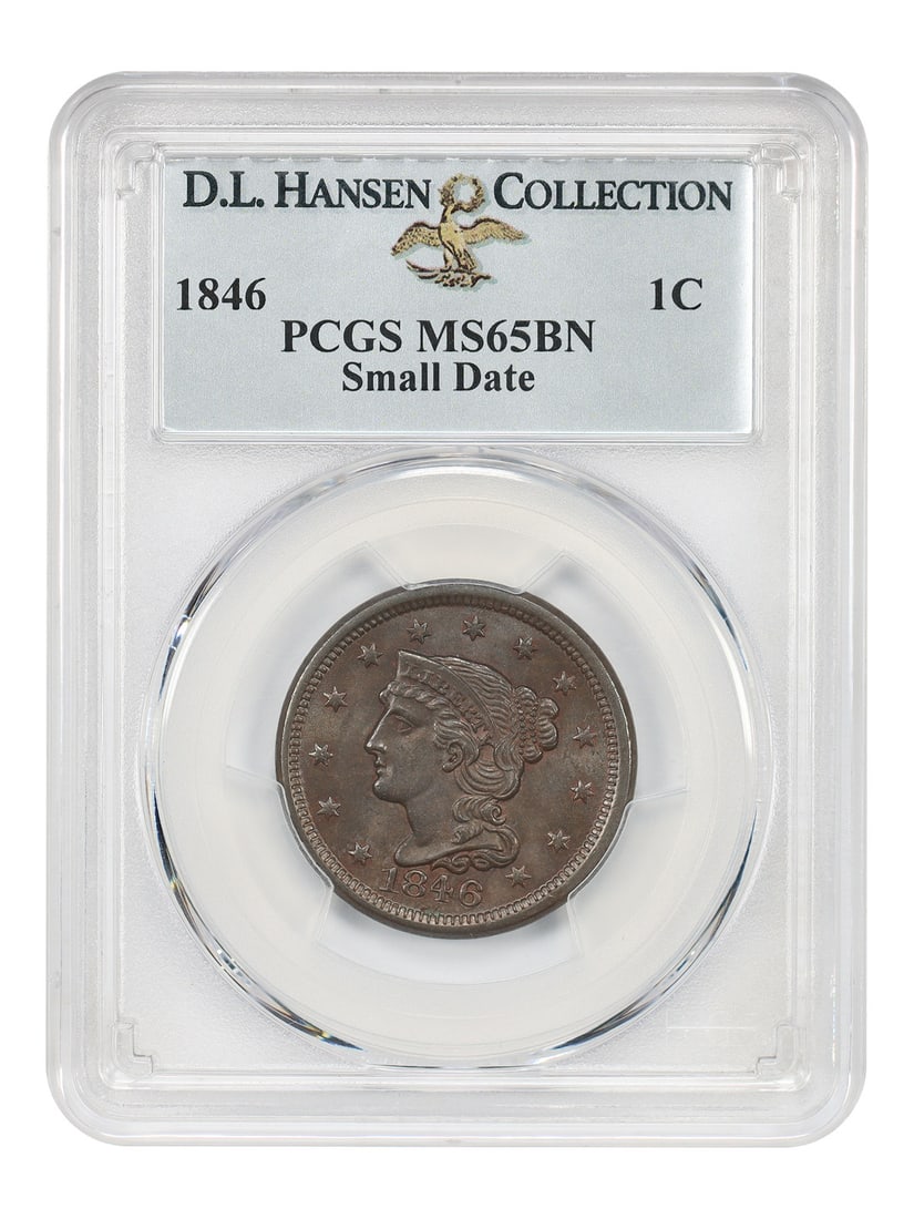 1846 1C PCGS MS65BN (Small Date) ex: D.L. Hansen: 1846 1C PCGS MS65BN (Small Date) ex: D.L. Hansen The 1846 1C PCGS MS65BN (Small Date) is a highly graded, uncirculated coin with a beautiful brown patina. Certified by PCGS as MS65BN, it boasts a smal