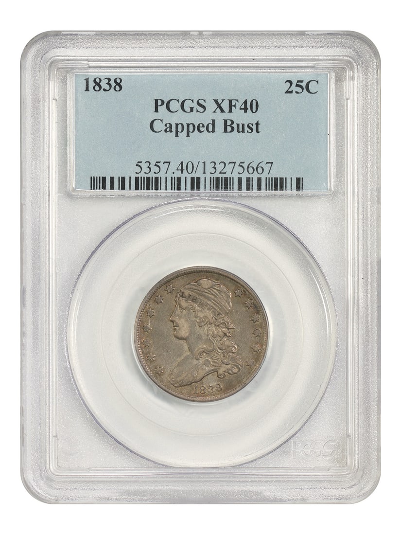 Capped Bust Quarter 1838 25C PCGS XF40: Capped Bust Quarter 1838 25C PCGS XF40 Capped Bust Quarter 1838 25C PCGS XF40 is a circulated example from the Philadelphia Mint, dating back to 1838. This coin bears the mark of PCGS certification, v