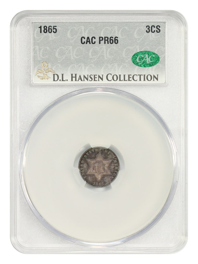 1865 3CS CACG PR66 ex: D.L. Hansen - Three Cent Silver: 1865 3CS CACG PR66 ex: D.L. Hansen - Three Cent Silver The 1865 Three Cent Silver coin, graded PR66 by CACG, boasts a rich history as a rare and valuable piece of American numismatics. This ex-D.L. Ha