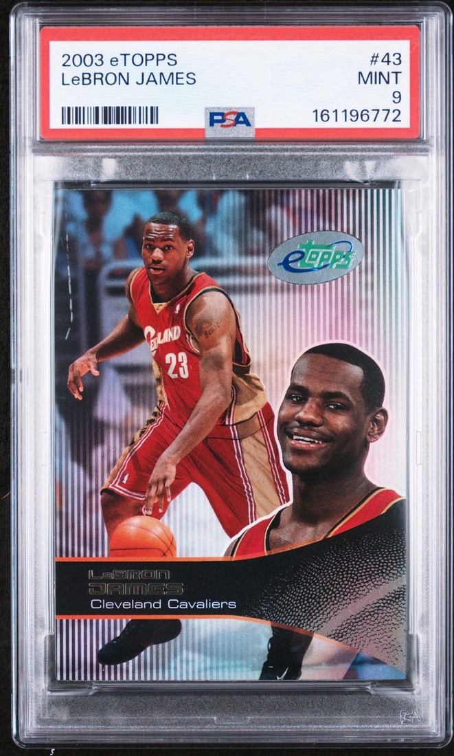 2003 ETOPPS LEBRON JAMES #43 ROOKIE PSA 9: 2003 ETOPPS LEBRON JAMES #43 ROOKIE PSA 9 PSA 9 graded, 2003 ETOPPS LEBRON JAMES #43 rookie card, a highly sought-after collectible from the early days of LeBron's NBA career. This card features a hig
