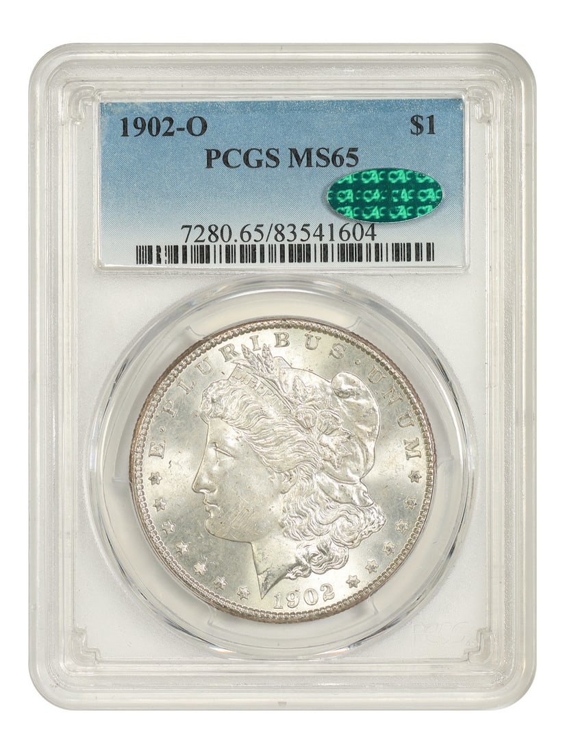 MS65 Popular 1902-O $1 PCGS CAC Morgan Dollar: MS65 Popular 1902-O $1 PCGS CAC Morgan Dollar MS65 Popular 1902-O $1 PCGS CAC Morgan Dollar is a highly graded uncirculated coin, certified by PCGS with a high grade of MS65. This 1902-O Morgan Dollar