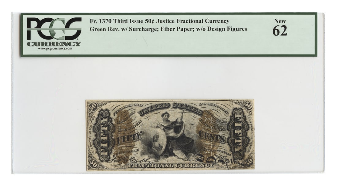 FR. 1370 50 Cents Fractional Currency PCGS UNC62 (Green Rev, w/ Surcharge, Fiber: FR. 1370 50 Cents Fractional Currency PCGS UNC62 (Green Rev, w/ Surcharge, Fiber PCGS UNC62 50 Cent Fractional Currency with Surcharge, a rare and unique piece of American history. This 50 Cent bill f