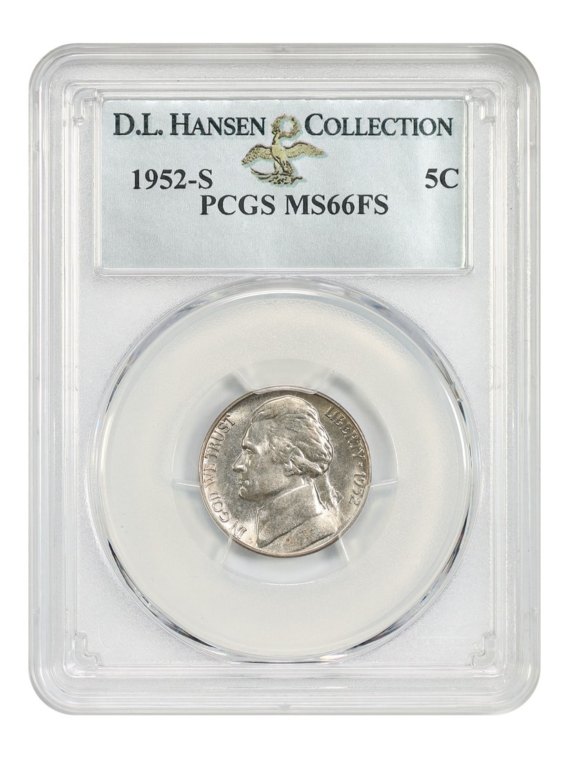 1952-S 5c PCGS MS66FS ex: D.L. Hansen - Jefferson Nickel - Blast White: 1952-S 5c PCGS MS66FS ex: D.L. Hansen - Jefferson Nickel - Blast White The 1952-S 5c PCGS MS66FS ex: D.L. Hansen is a stunning example of a Jefferson Nickel, boasting a high level of detail and luster