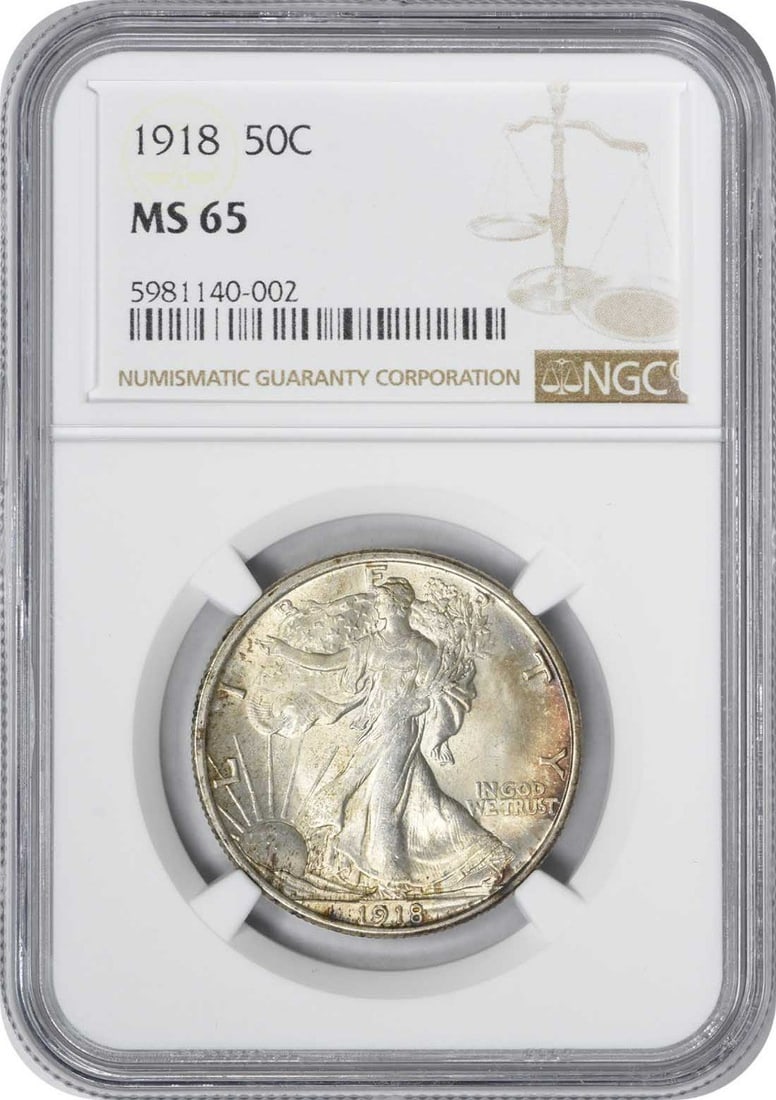 Silver Half Dollar MS65 Walking Liberty 1918: Silver Half Dollar MS65 Walking Liberty 1918 The 1918 Walking Liberty Half Dollar, graded MS65 by the NGC, is a stunning example of American numismatic history. With its 90% silver composition and Ado
