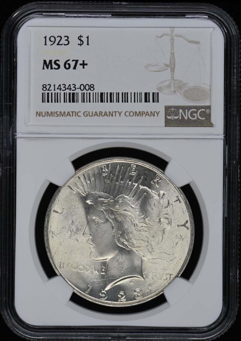 1923 Peace Dollar S$1 NGC MS67+ Finest Grade: 1923 Peace Dollar S$1 NGC MS67+ Finest Grade The 1923 Peace Dollar is a highly graded coin, certified by the Numismatic Guaranty Corporation (NGC) with a grade of MS67+, indicating exceptional conditi