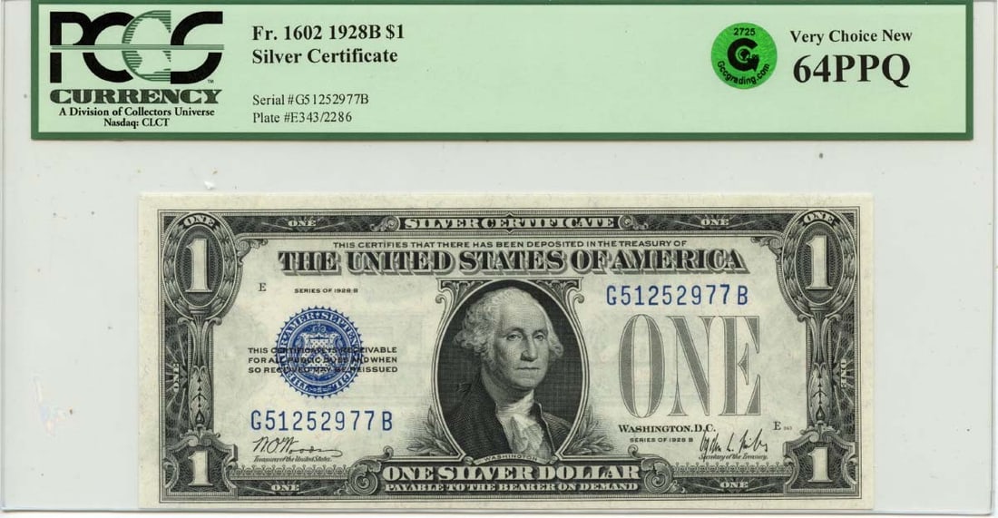 1928B $1 Silver Certificate Fr#1602 PCGS CU64 PPQ GCC Green: 1928B $1 Silver Certificate Fr#1602 PCGS CU64 PPQ GCC Green The 1928B $1 Silver Certificate, Fr#1602, boasts a striking green color and is certified by PCGS as a CU64, showcasing its high level of pre
