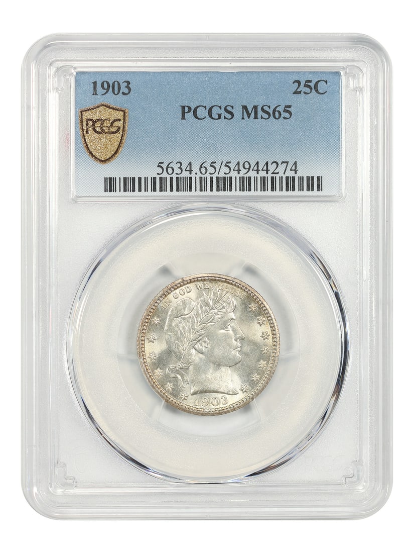 MS65 Barber Quarter 25C PCGS 1903: MS65 Barber Quarter 25C PCGS 1903 The 1903 MS65 Barber Quarter is a highly graded, uncirculated coin from the Philadelphia Mint, certified by PCGS. This coin boasts a high level of detail and luster, 