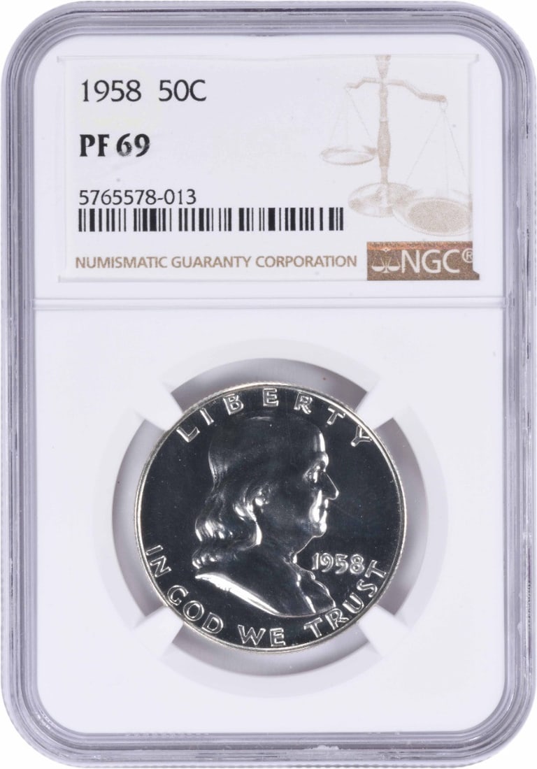 1958 Franklin Silver Half Dollar PR69 NGC: 1958 Franklin Silver Half Dollar PR69 NGC The 1958 Franklin Silver Half Dollar is a stunning example of American numismatics, boasting a PR69 grade from the NGC. With only 875 minted, this coin is a s