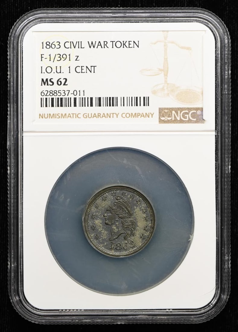 F-1 Token 391 CIVIL WAR NGC MS62: F-1 Token 391 CIVIL WAR NGC MS62 Uncirculated F-1 Token 391, graded MS62 by the Numismatic Guaranty Corporation (NGC), bears the certification number 6288537011 and was minted in 1863. This uncirculat