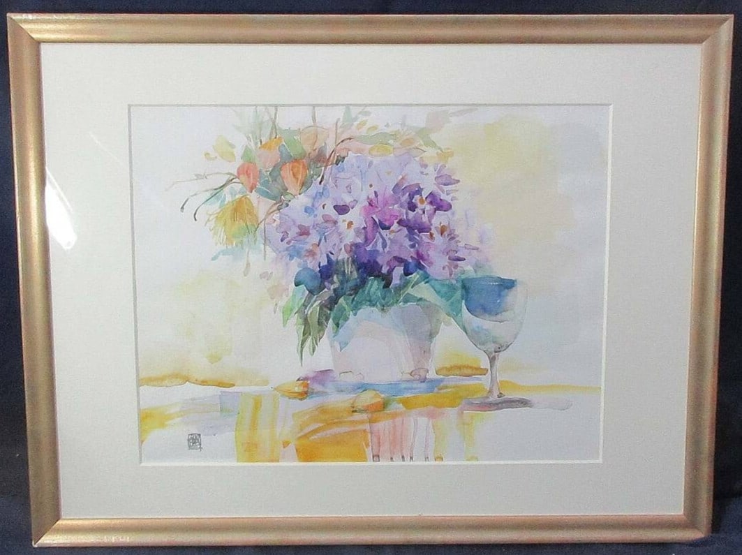 Watercolor Painting Flowers Signed Framed 2002 Cai Guo-Hua (1 of 10)