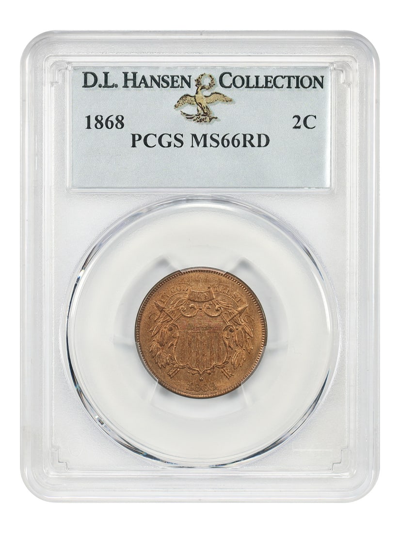 1868 2C PCGS MS66RD ex: D.L. Hansen: 1868 2C PCGS MS66RD ex: D.L. Hansen The 1868 2C PCGS MS66RD is a highly graded, uncirculated Indian Head cent from the Philadelphia mint, showcasing a rich reddish-brown color. Certified by PCGS as MS