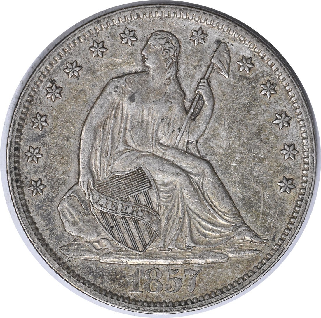 Silver Half Dollar Liberty Seated 1857 AU In MPD Uncertified: Silver Half Dollar Liberty Seated 1857 AU In MPD Uncertified The 1857 Silver Half Dollar Liberty Seated coin features a classic design with Seated Liberty, created by Thomas Sully and Christian Gobrec