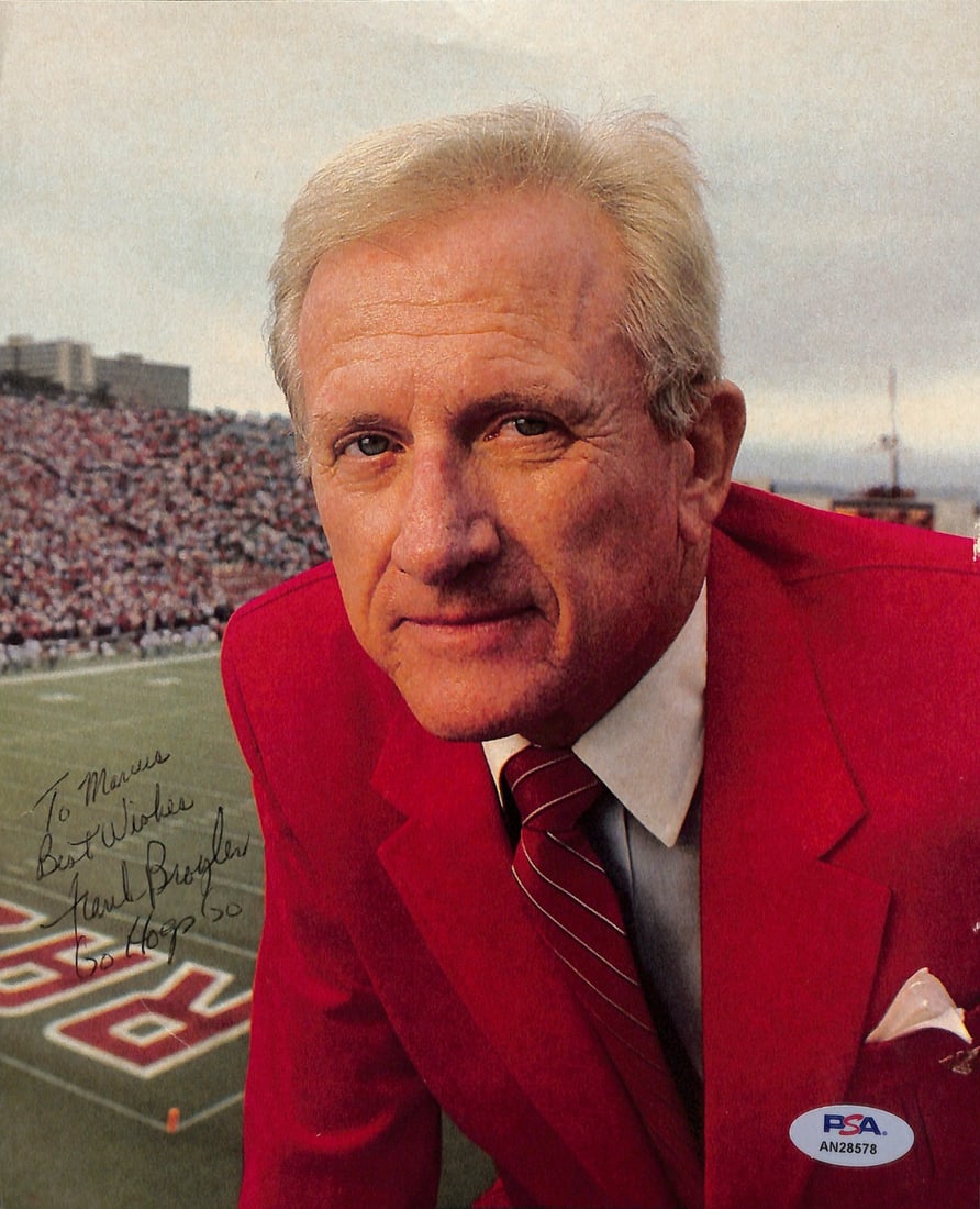 Frank Broyles Signed/ Inscr 8x10 Magazine Photo Univ of Arkansas PSA/ DNA 185274: Frank Broyles Signed/ Inscr 8x10 Magazine Photo Univ of Arkansas PSA/ DNA 185274 Signed 8x10 magazine photo of Frank Broyles, former University of Arkansas athletic director, bears his signature. The 