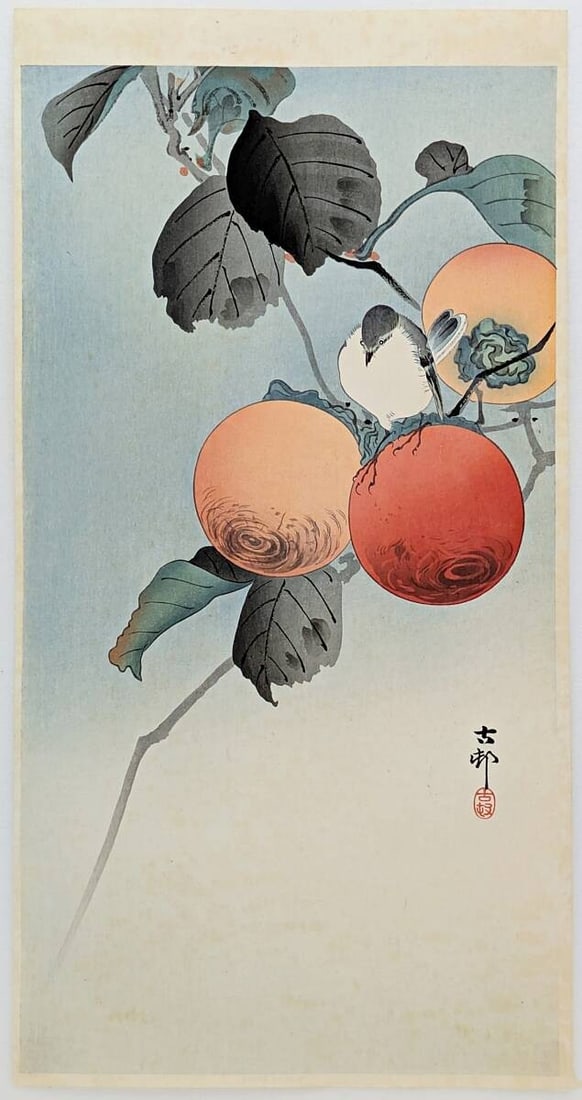 Ohara Koson Japanese Woodblock Print Mejiro on Persimmon Early Taisho Daikokuya (1 of 10)