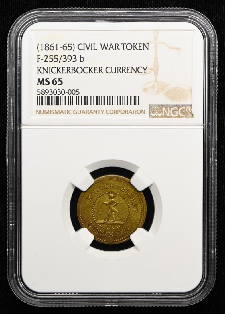 CIVIL WAR F-255/ 393 b TOKEN NGC MS65: CIVIL WAR F-255/ 393 b TOKEN NGC MS65 Uncirculated Civil War F-255/393 token graded MS65 by the Numismatic Guaranty Corporation (NGC), bearing a signature. This rare token dates back to 1861, a pivota
