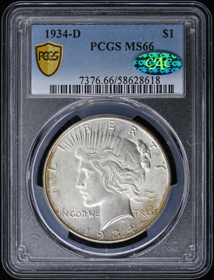 1934-D $1 Peace Dollar PCGS MS66 (CAC): 1934-D $1 Peace Dollar PCGS MS66 (CAC) The 1934-D $1 Peace Dollar is a highly detailed and well-crafted coin, certified by PCGS as MS66. This uncirculated coin features the iconic design of the Peace 