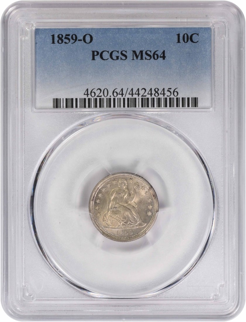 1859-O Liberty Seated Silver Dime MS64 PCGS: 1859-O Liberty Seated Silver Dime MS64 PCGS The 1859-O Liberty Seated Silver Dime is a highly sought-after coin, with a rich history dating back to the mid-19th century. This MS64 specimen, certified 