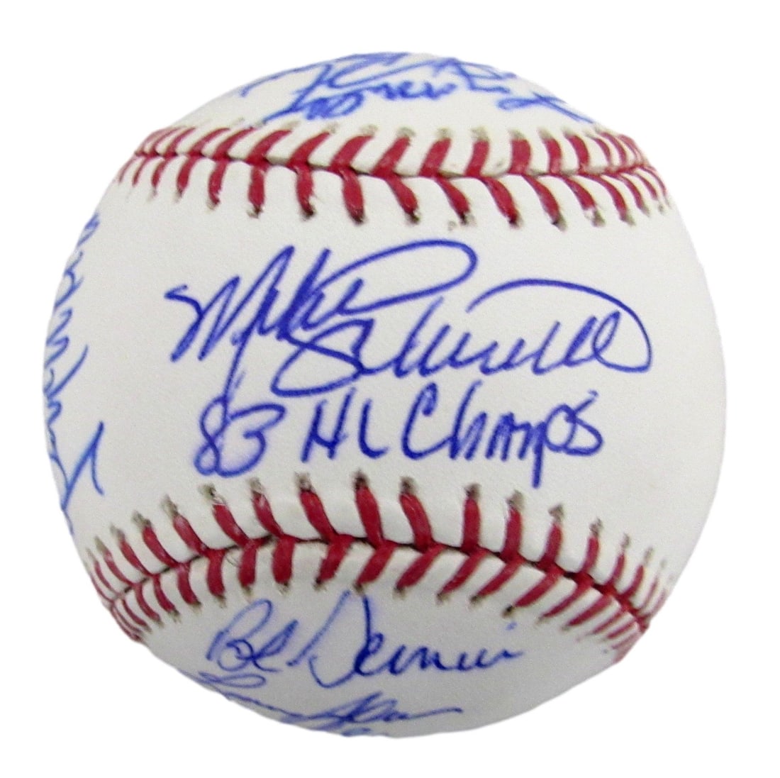 1983 Philadelphia Phillies Team-Signed OML Baseball (19) No Carlton, Perez 12610: 1983 Philadelphia Phillies Team-Signed OML Baseball (19) No Carlton, Perez 12610 Signed by 19 members of the 1983 Philadelphia Phillies team, this original OML baseball features a notable roster of pl