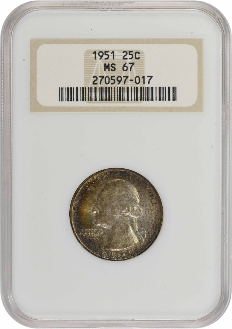 1951 Washington Silver Quarter MS67 NGC: 1951 Washington Silver Quarter MS67 NGC The 1951 Washington Silver Quarter MS67 NGC is a highly graded, uncirculated coin that showcases exceptional detail and luster. Certified by the Numismatic Guar