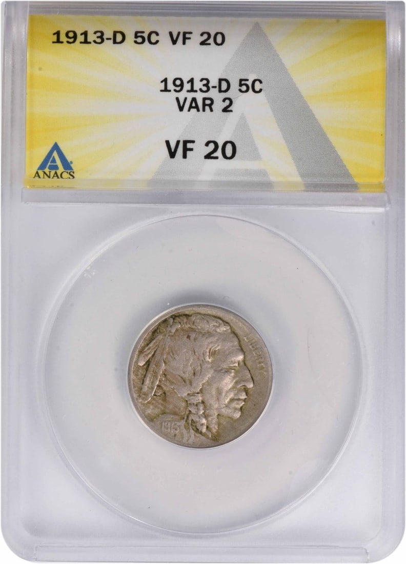 1913-D Buffalo Nickel Type 2 VF20 ANACS: 1913-D Buffalo Nickel Type 2 VF20 ANACS The 1913-D Buffalo Nickel Type 2 is a highly sought-after coin, with its unique design and rich history making it a prized possession for collectors. Certified 