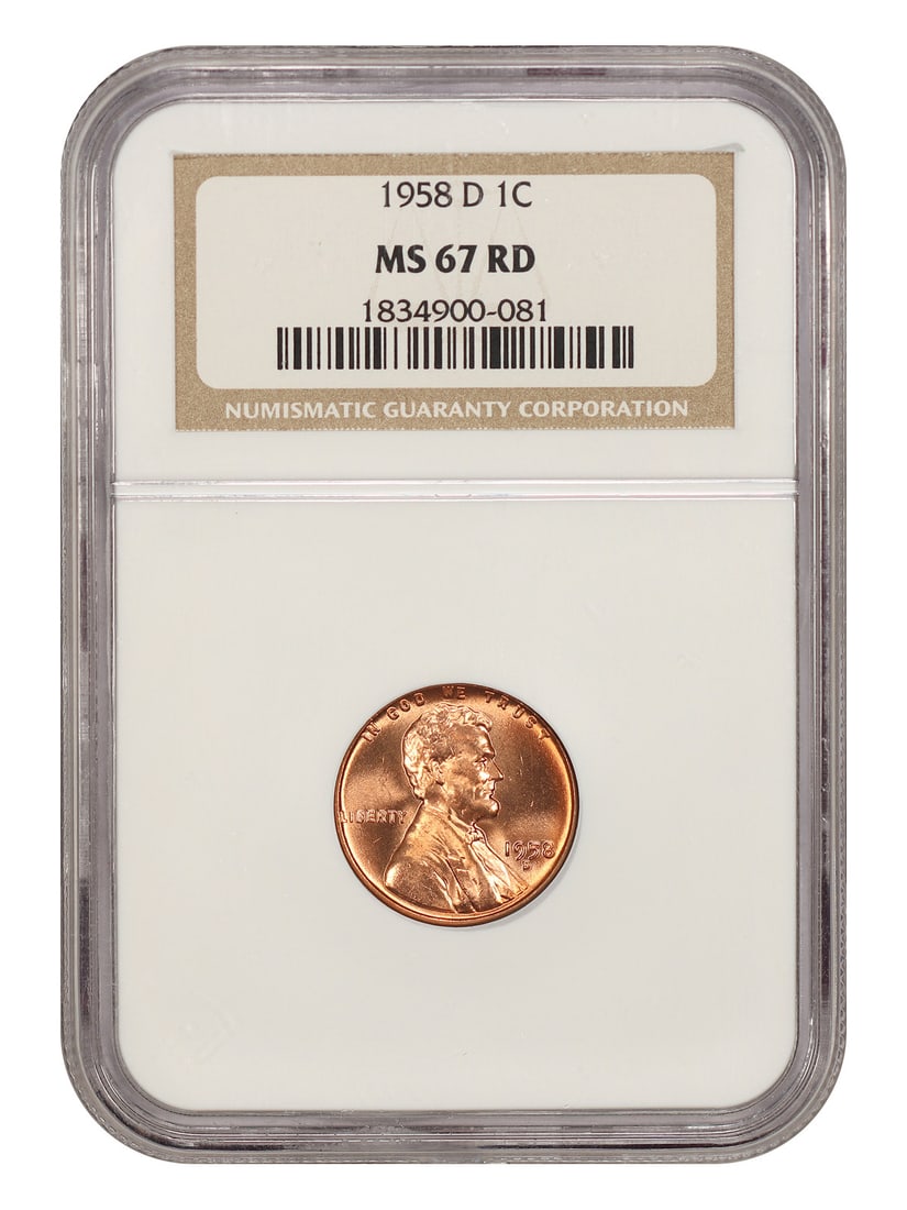 MS67RD Wheat Reverse Lincoln Cent 1C 1958-D: MS67RD Wheat Reverse Lincoln Cent 1C 1958-D The MS67RD Wheat Reverse Lincoln Cent 1C 1958-D is a highly graded uncirculated coin, certified by the NGC with a high level of detail and clarity. Its