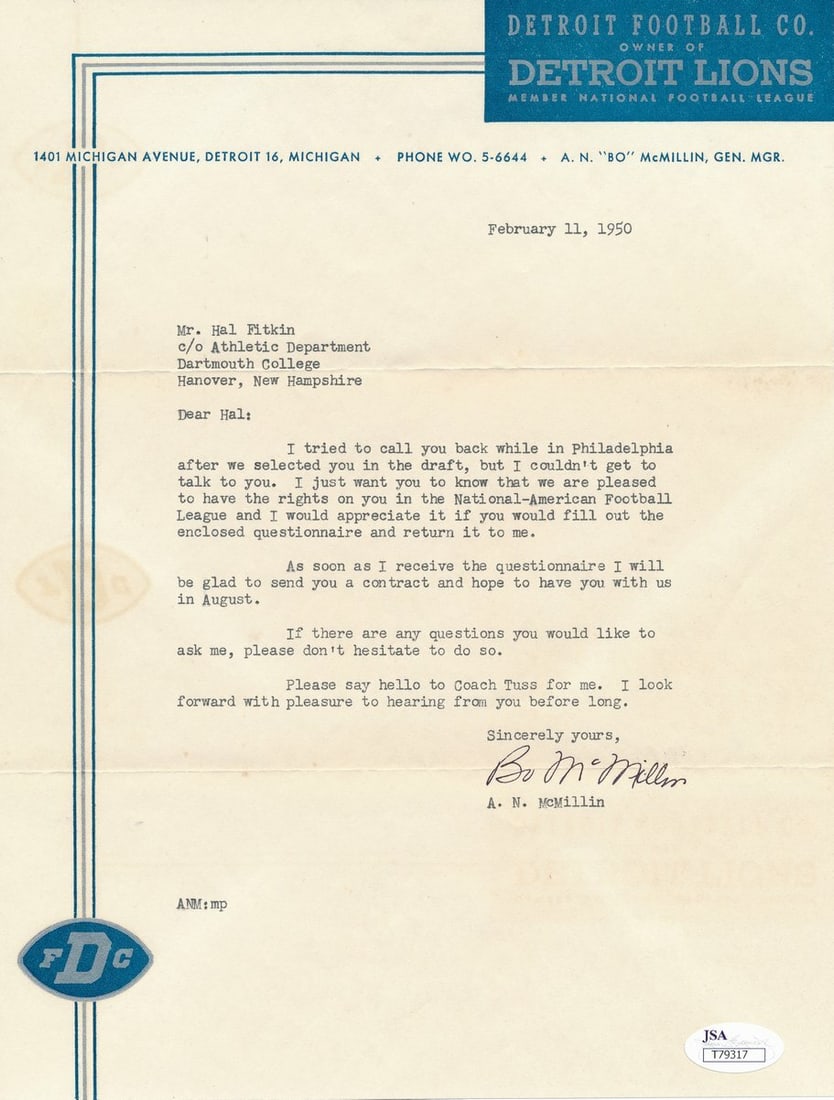 Bo McMillin Lions/ Eagles Signed TLS Detroit Lions Letterhead d.1962 JSA 137182: Bo McMillin Lions/ Eagles Signed TLS Detroit Lions Letterhead d.1962 JSA 137182 Item Specifics: Sport: Football Original/Reprint: Original Autograph Authentication: JSA Team: Detroit Lions League: