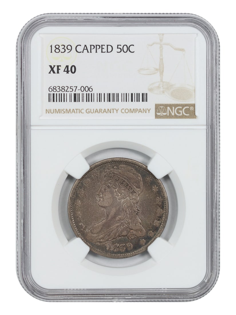 1839 50C Capped Bust NGC XF40 - Capped Bust Half Dollar: 1839 50C Capped Bust NGC XF40 - Capped Bust Half Dollar The 1839 50C Capped Bust Half Dollar is a circulated coin from the Philadelphia mint, bearing the iconic Capped Bust design. Certified by the Nu