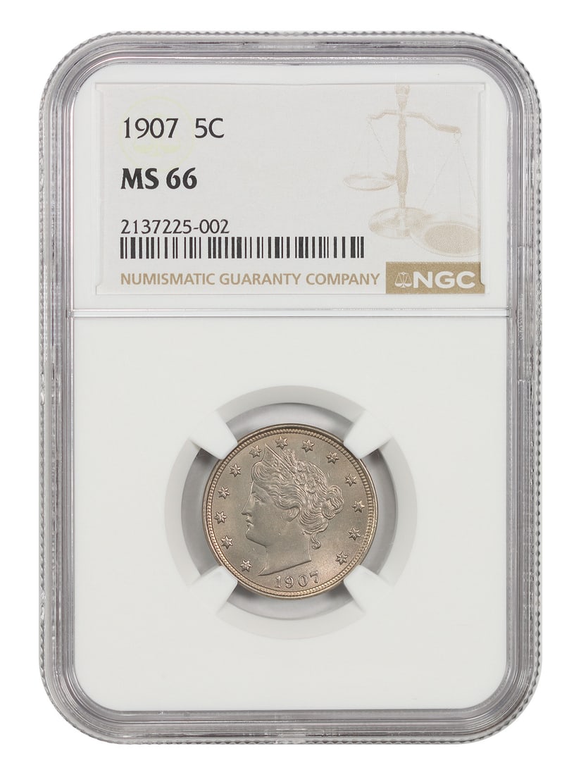 Nickel Liberty MS66 5C 1907: Nickel Liberty MS66 5C 1907 The 1907 5C Nickel is a highly detailed and well-preserved coin, certified by the NGC as MS66. This uncirculated specimen showcases excellent mint state condition, with