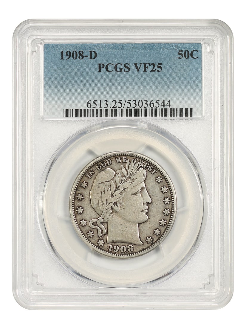 Barber Half Dollar 1908-D 50C PCGS VF25: Barber Half Dollar 1908-D 50C PCGS VF25 The 1908-D Barber Half Dollar is a circulated coin with a PCGS VF25 grade, bearing the certification number 53036544. This coin was minted in Denver and